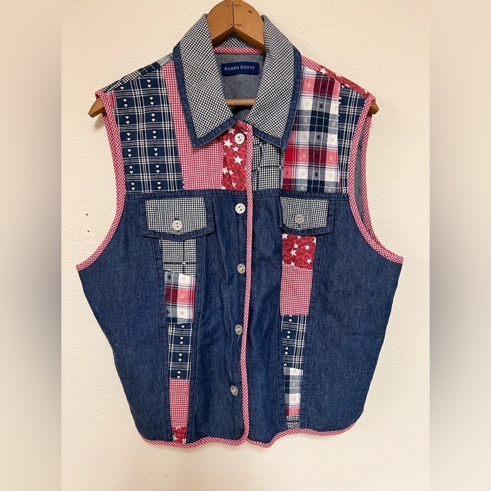 Karen Scott Patchwork Denim Vest L
